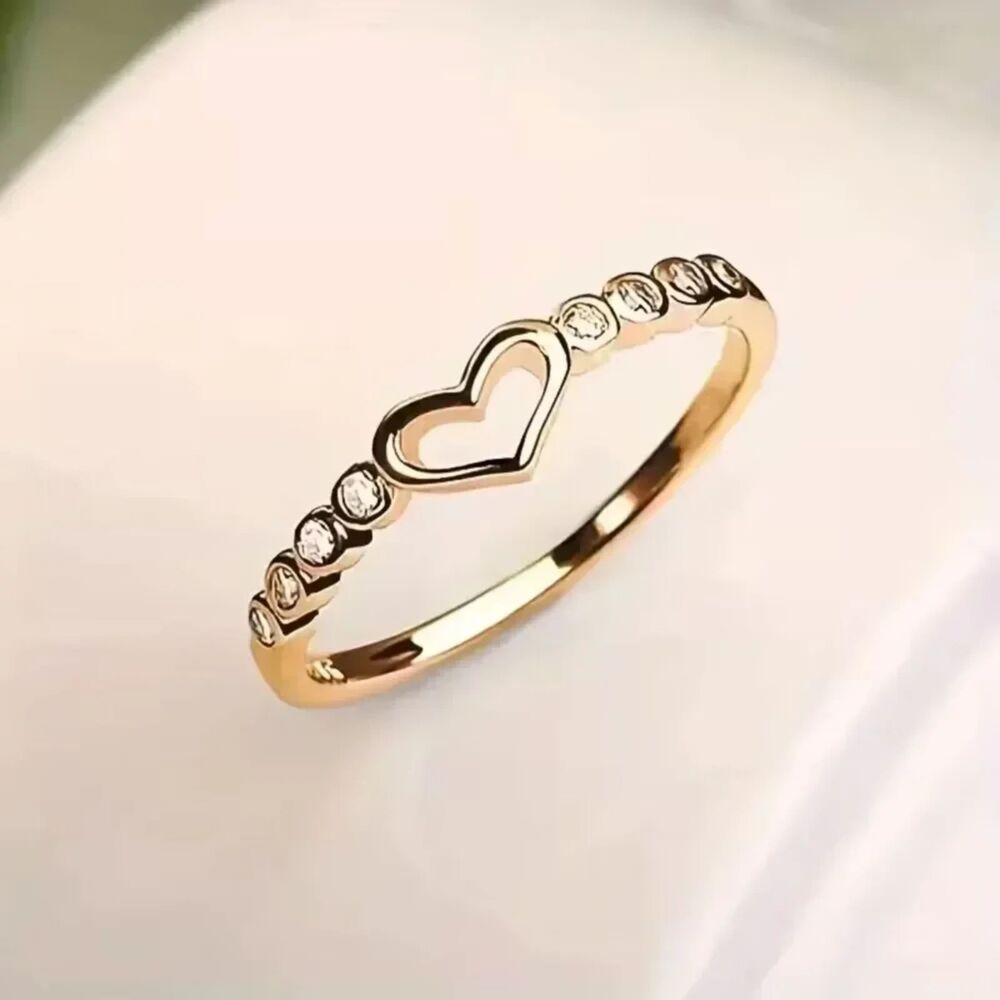 Gold Open Heart Zirconia Crystal Ring Gemstone Promise Dainty Band Jewelry sz 7